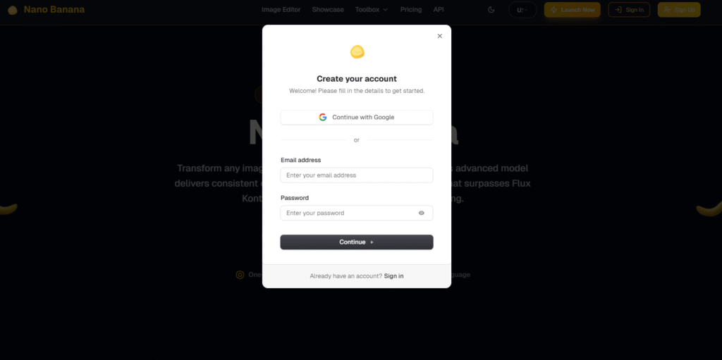 Nano banana sign‑in/sign‑up page