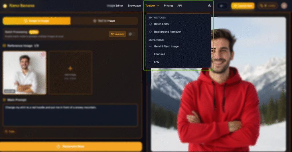 Nano banana screenshot of the settings panel (or toolbox) with key options circled. For batch mode, display multiple thumbnails being processed together