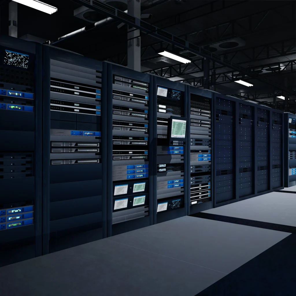 A massive data center lit in blue, with servers and cables representing the infrastructure behind artificial intelligence.