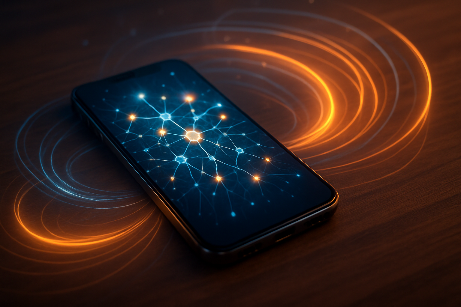 Artistic rendering of a smartphone with abstract AI neural patterns, conveying Apple’s integration of artificial intelligence into its devices.