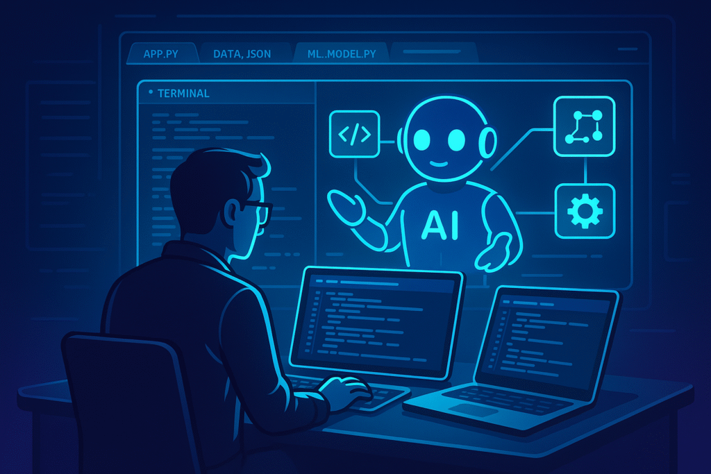 illustration of an AI agent managing code and terminal windows through a local interface