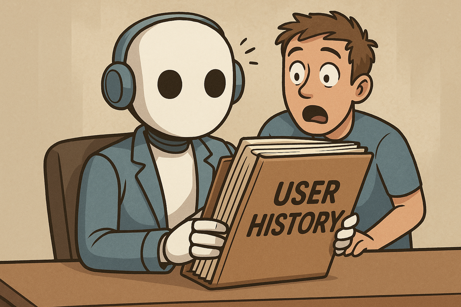 concept illustration of a chatbot holding a dossier of past conversations while a user reacts with curiosity and concern.