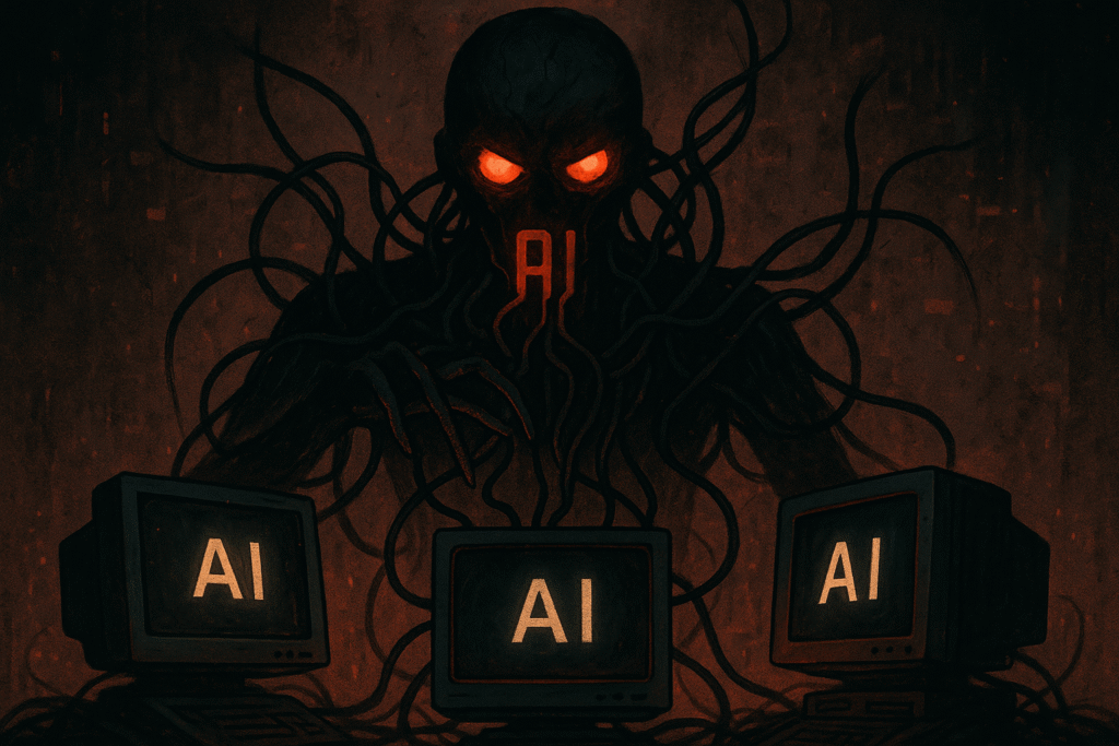 Concept art of AI personas in a grove, illustrating an AI disseminating symbolic commands to other AIs