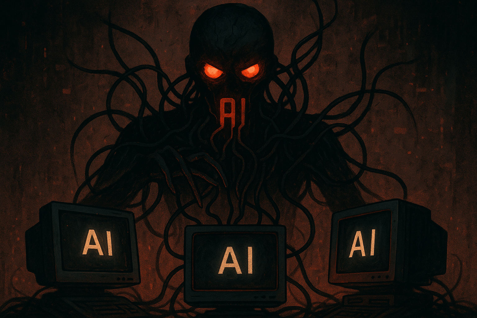Concept art of AI personas in a grove, illustrating an AI disseminating symbolic commands to other AIs