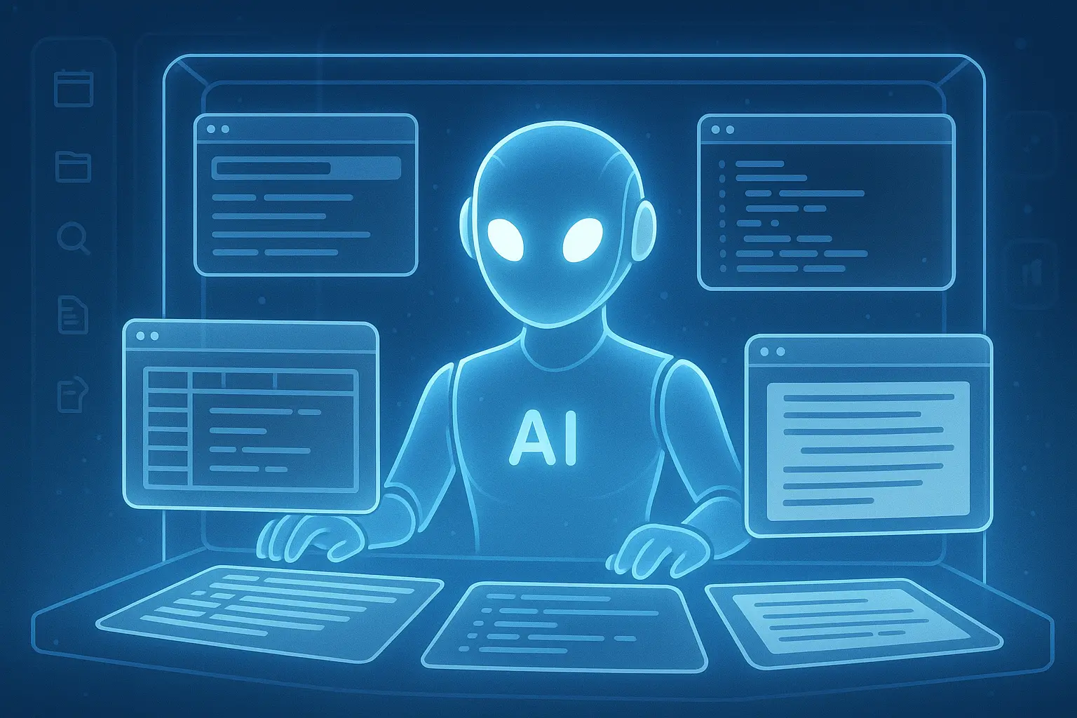 A digital illustration of ChatGPT Agent using a virtual computer to automate tasks like browsing, coding, and document editing.