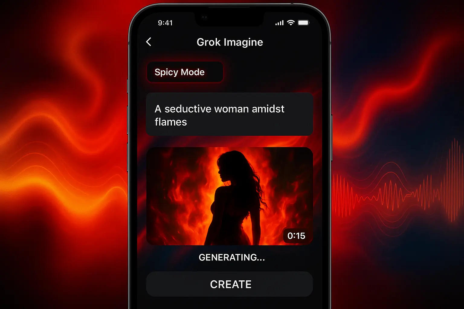 Smartphone screen showing Grok Imagine AI generating video from text, with a glowing spicy mode toggle.