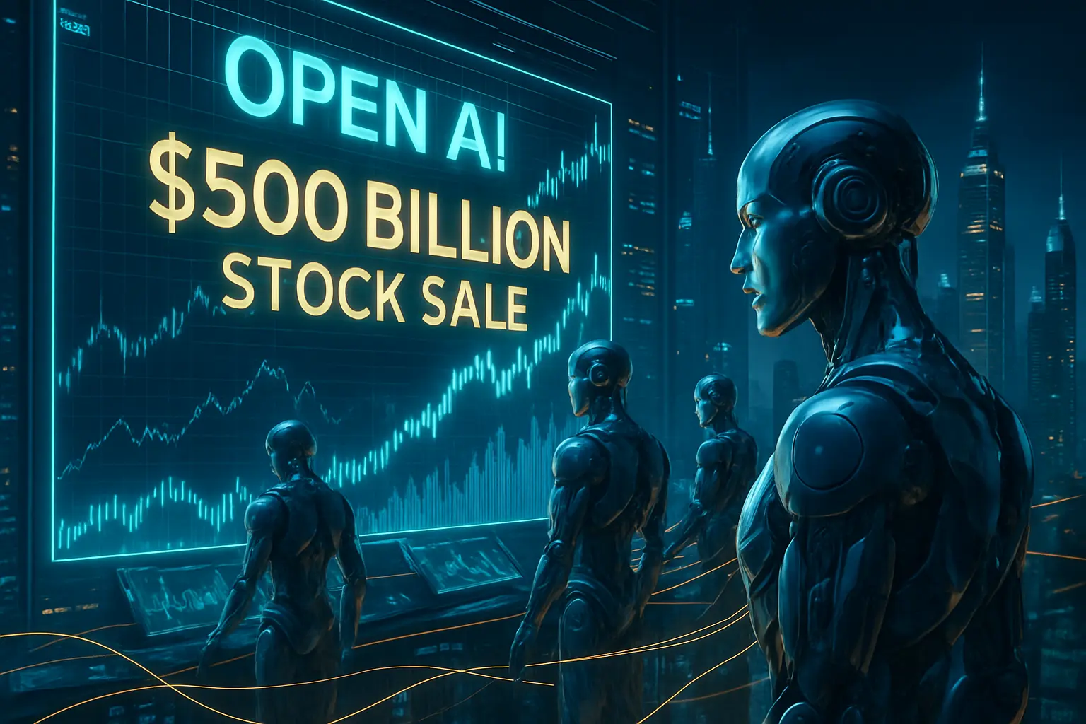 OpenAI $500B valuation concept with futuristic skyline and growth charts