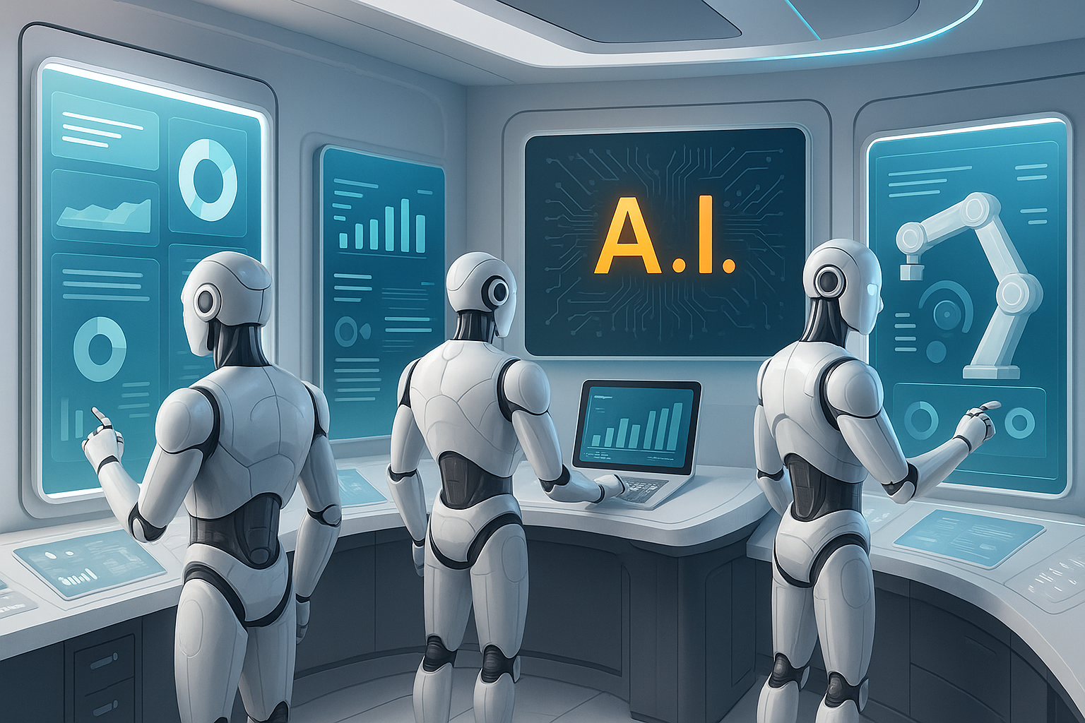Illustration of synthetic agent factory with AI models learning from virtual tools in a sci-fi training hub