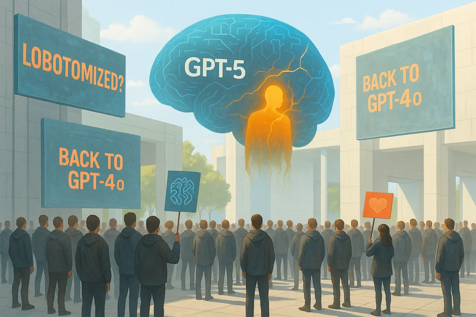 Illustration of GPT-5 AI model contrasted with GPT-4o’s creative tone amid OpenAI user backlash