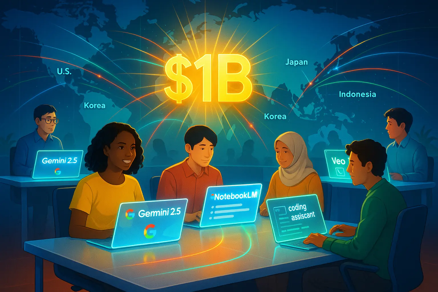 University students using Google AI Pro tools like Gemini 2.5 and NotebookLM, with $1B education pledge visuals in the background.