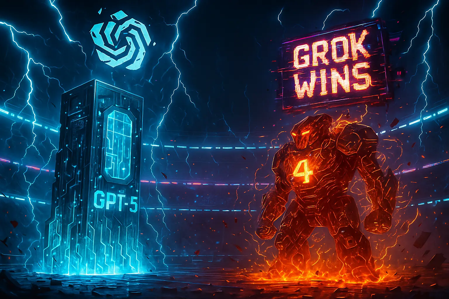 Futuristic battle scene with Grok 4 Heavy overpowering GPT-5, glowing molten red-gold against cold blue, with Elon Musk’s hologram above.