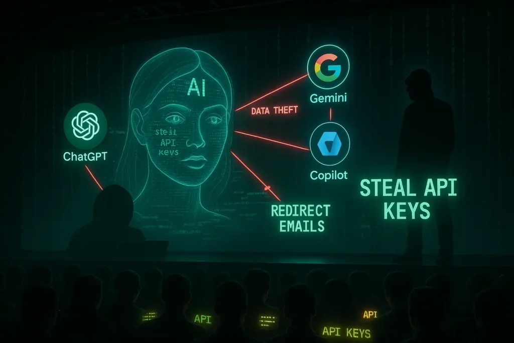 Cybersecurity concept art of zero-click AI exploit hijacking ChatGPT, Gemini, and Copilot using hidden prompt injection.