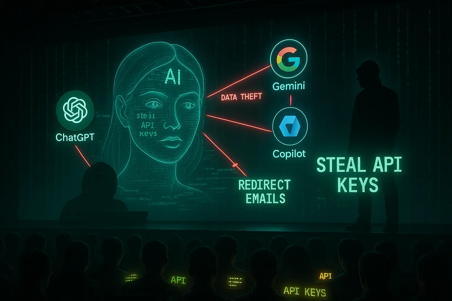 Cybersecurity concept art of zero-click AI exploit hijacking ChatGPT, Gemini, and Copilot using hidden prompt injection.