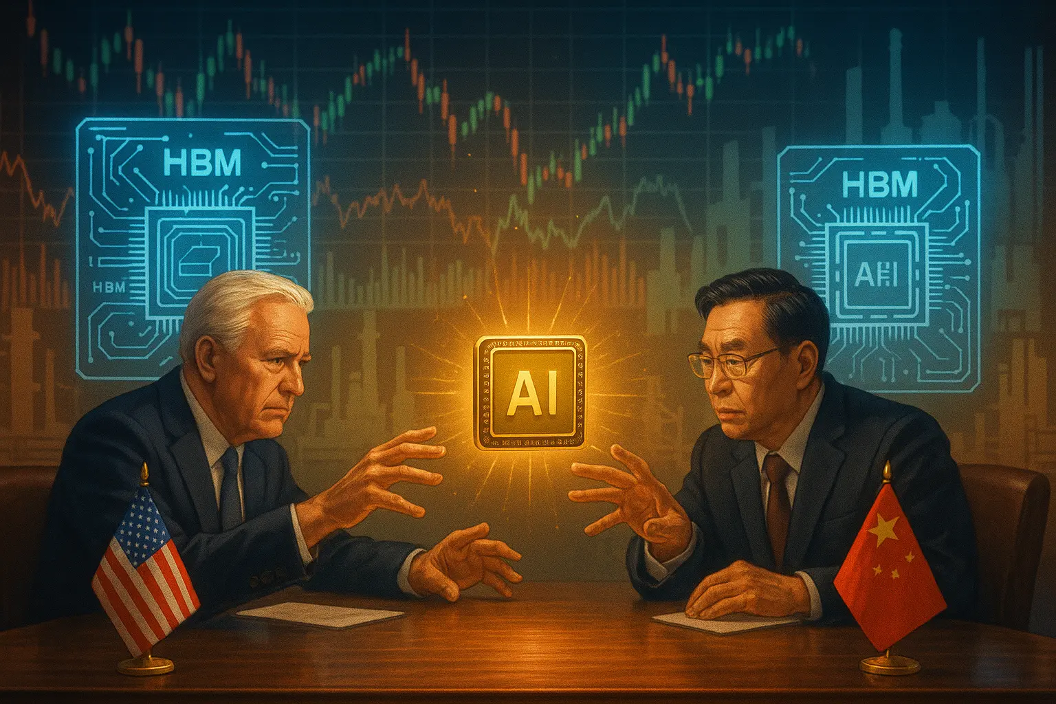 Illustration of China and U.S. negotiators discussing AI chip export controls with HBM chip hologram between them.