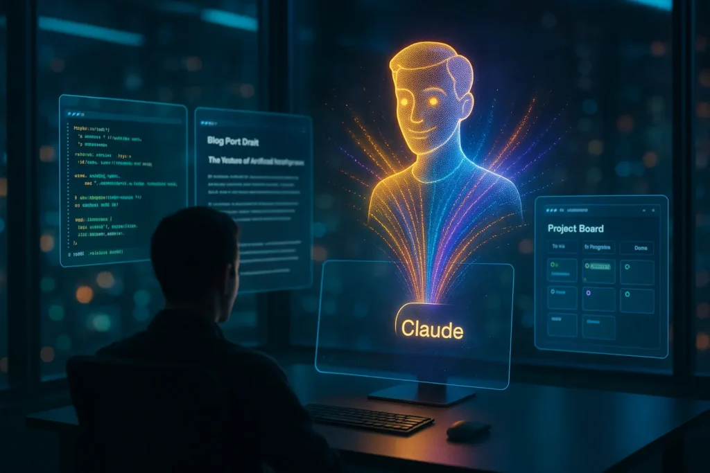 Futuristic neon-lit workspace with Claude AI hologram helping a user write, code, and collaborate on projects.
