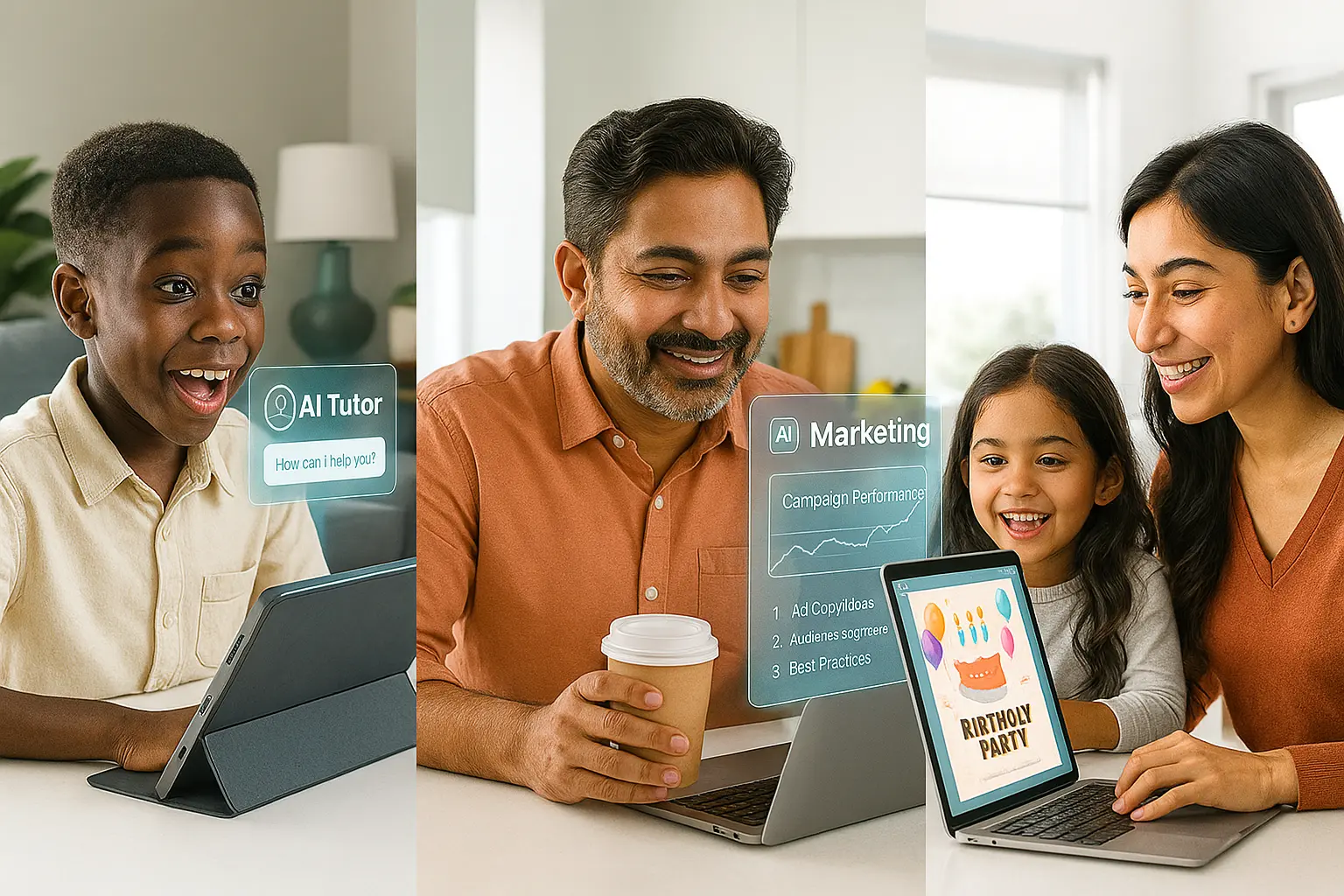 People across the globe using generative AI for education, creativity, and business, connected by luminous digital threads.