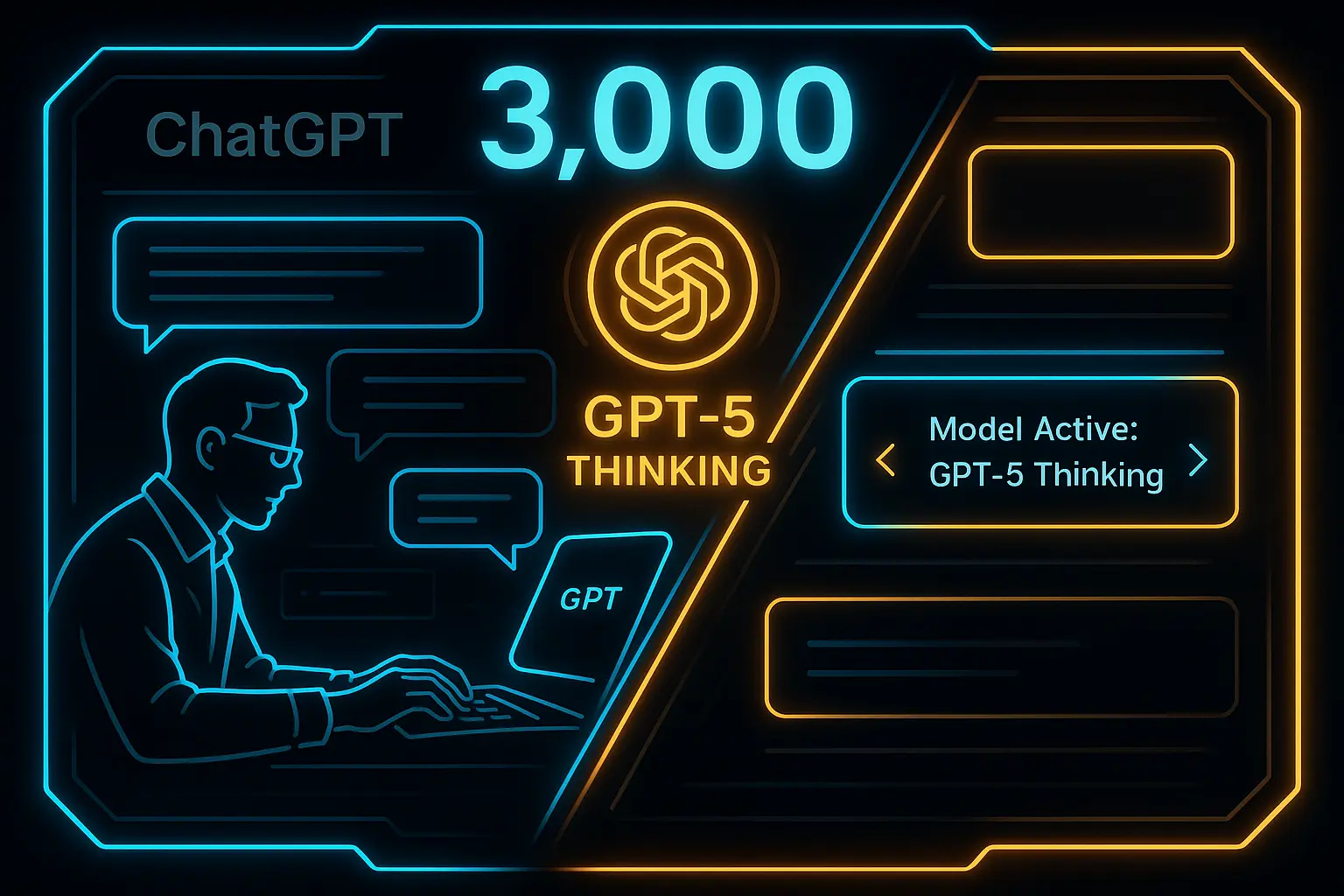 ChatGPT GPT-5 Thinking mode interface showing new 3,000-message weekly limit and active model indicator.
