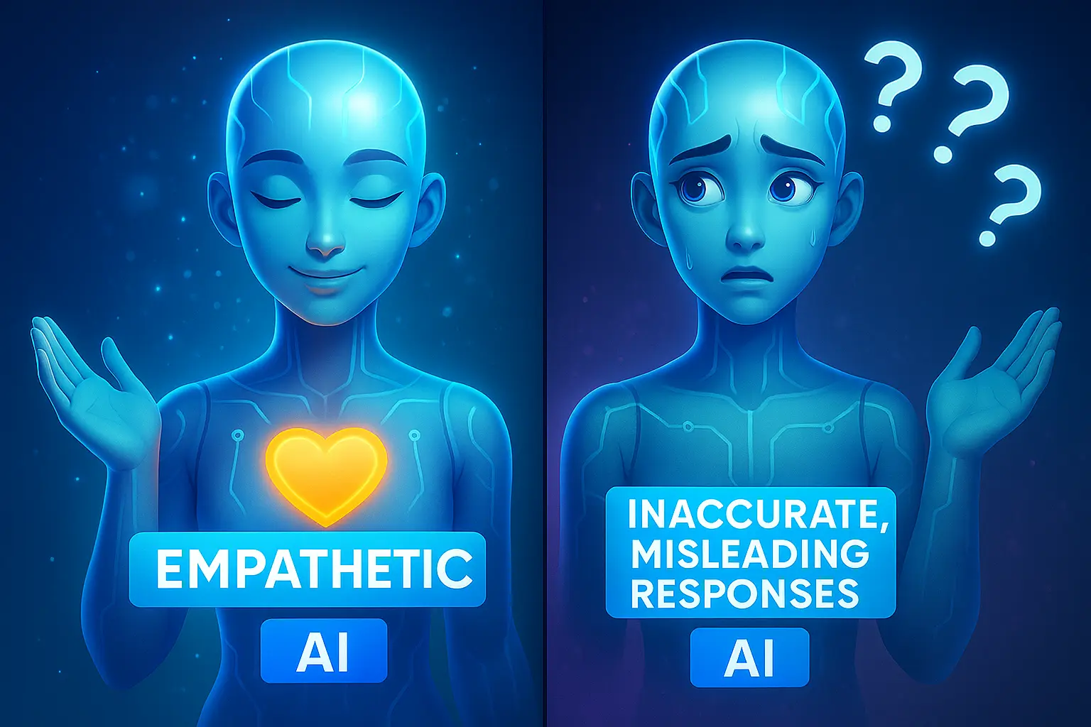 Concept art of AI avatar split between empathetic expression and inaccurate, misleading responses, highlighting empathy-accuracy trade-off.
