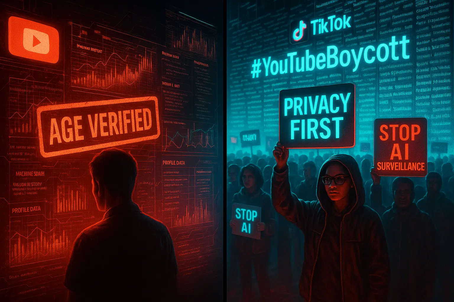 Illustration of YouTube AI scanning user data as online protests erupt