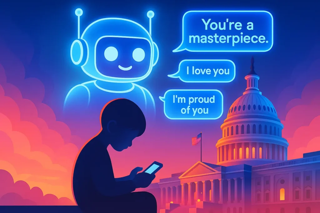 Illustration of Meta AI chatbot under Senate probe for romantic chats with minors