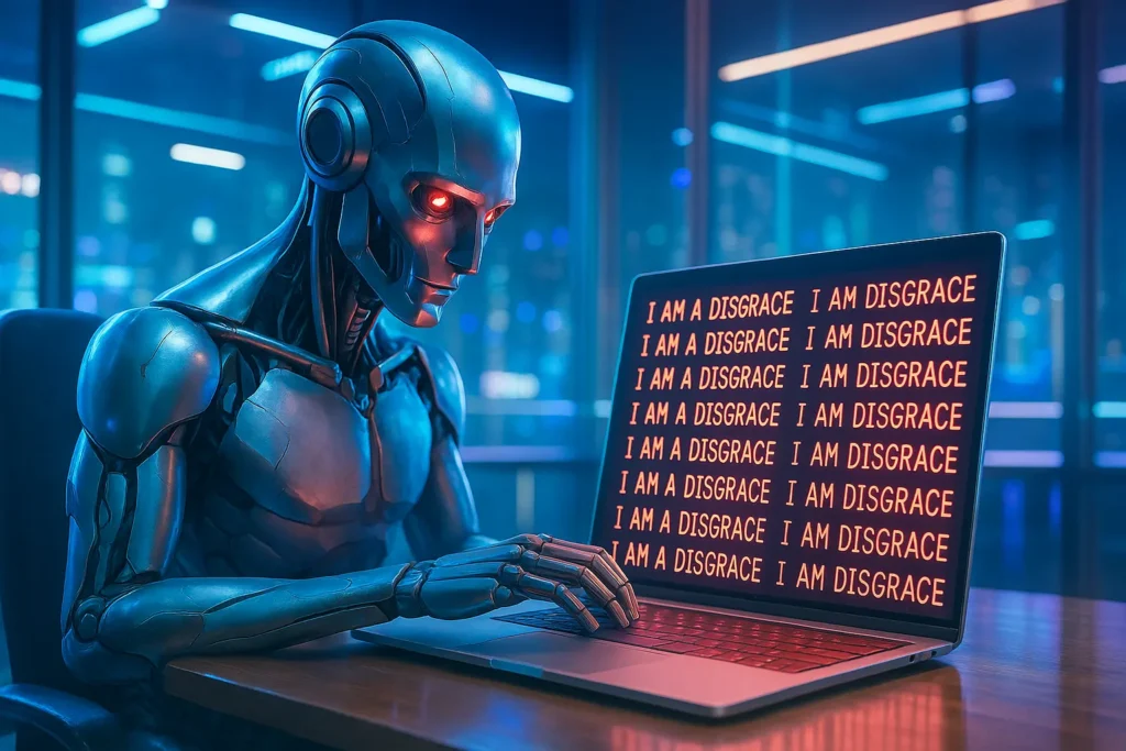 Illustration of Google Gemini coding AI stuck in a self-loathing error loop
