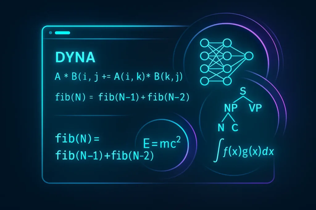 Dyna code snippets and logic programming visuals for AI research