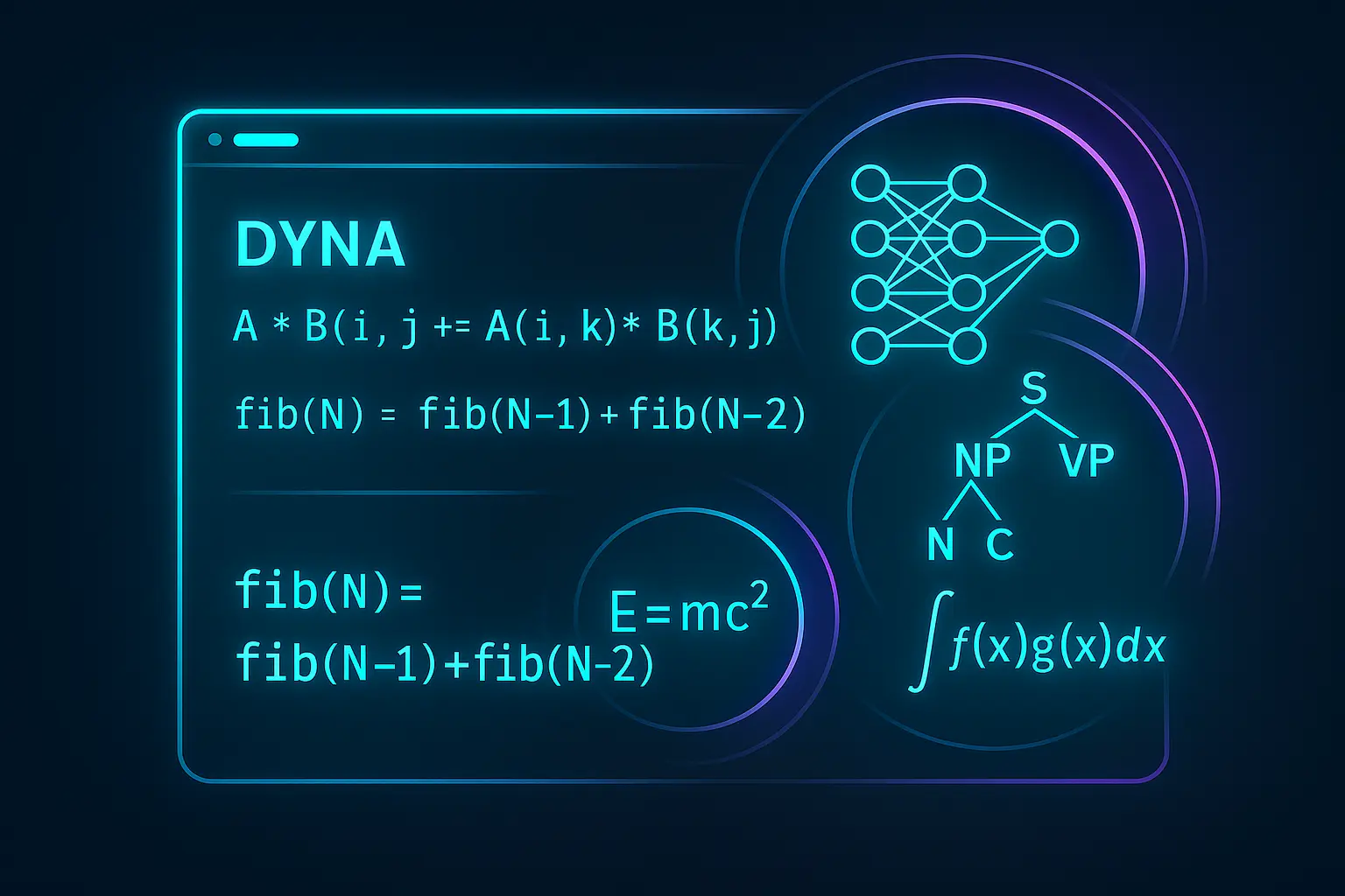 Dyna code snippets and logic programming visuals for AI research