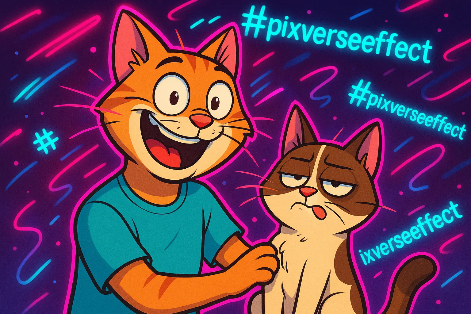 PixVerse AI cat effect turning humans and pets into animated cats on TikTok
