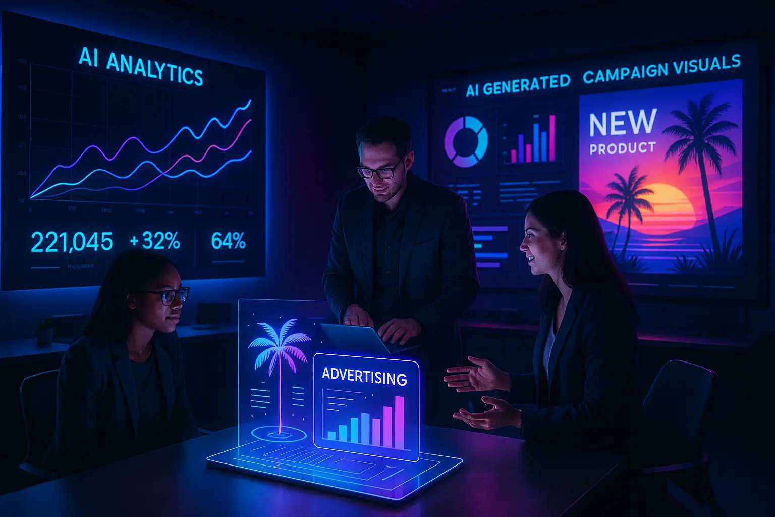 Marketers using generative AI tools in a modern workspace as global AI marketing spend rises