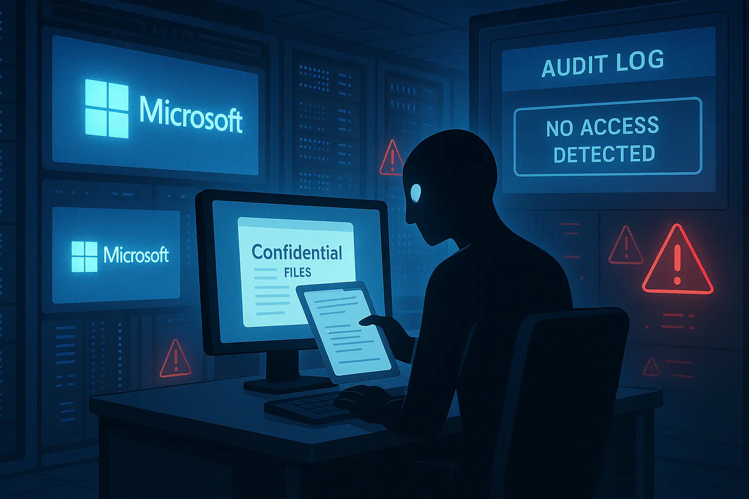 Illustration of Microsoft Copilot accessing hidden files without logging, symbolizing audit and compliance risks