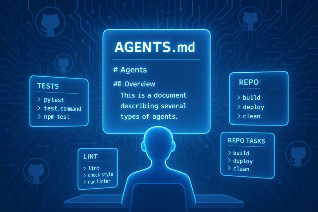Illustration of AGENTS.md file guiding AI coding assistant in GitHub project