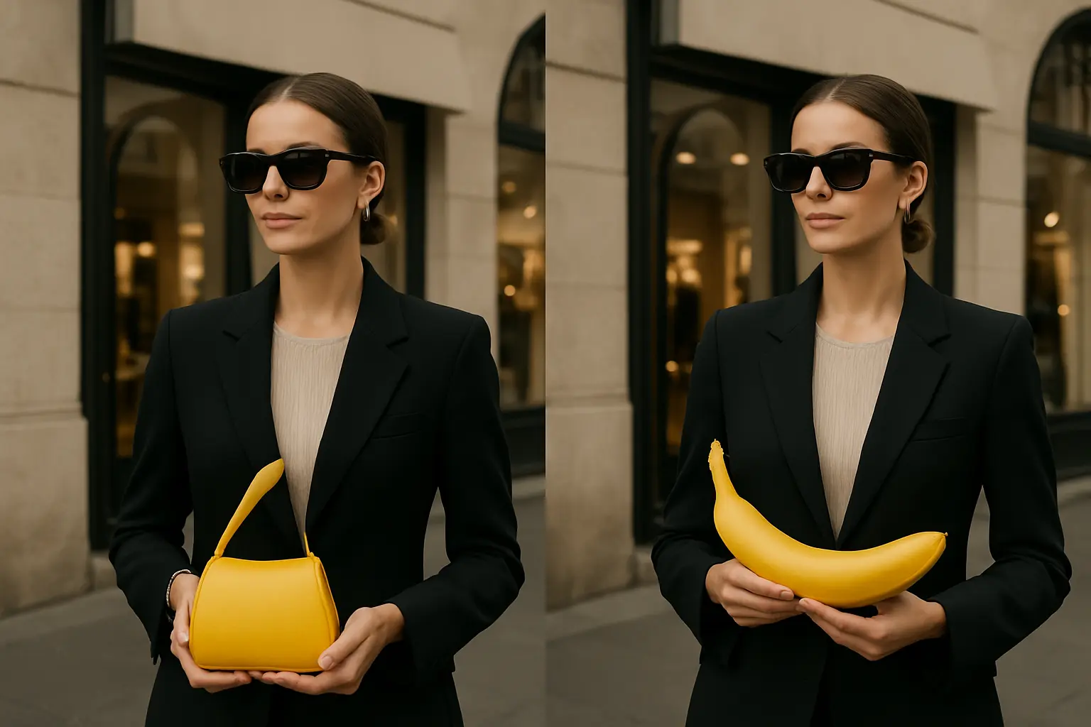 “Four-panel AI-generated image where a purse transforms into a banana with realistic lighting and consistent details, representing Nano Banana model’s object persistence.”