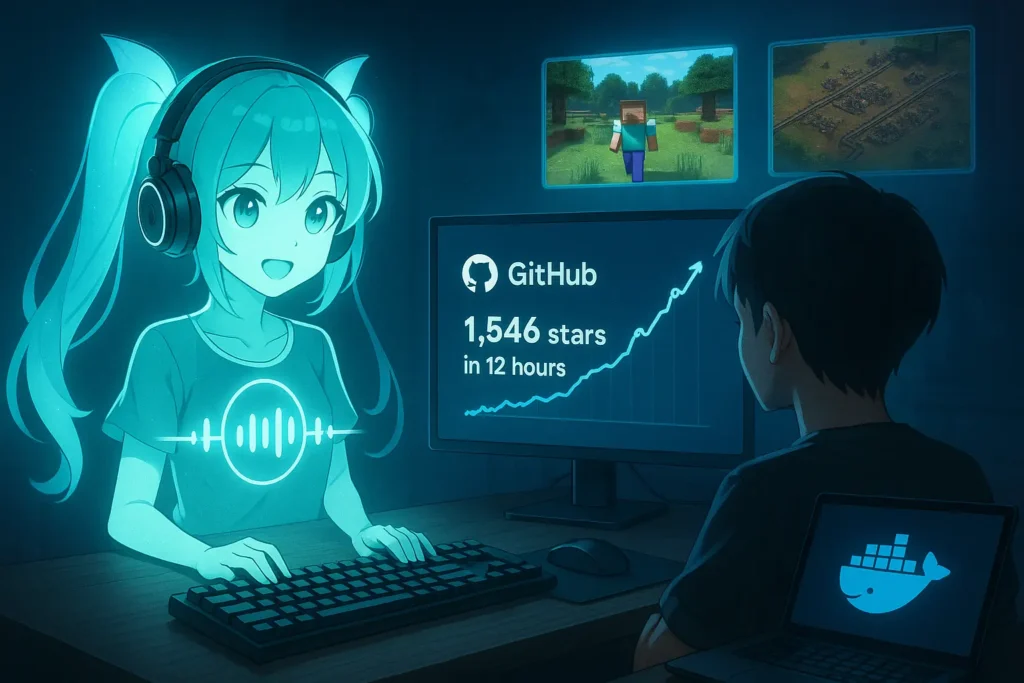 “Cyberpunk AI companion hologram helping a user at a computer with GitHub trending stats, Minecraft and Factorio gameplay floating in holographic screens, representing Airi’s self-hosted Grok features.”