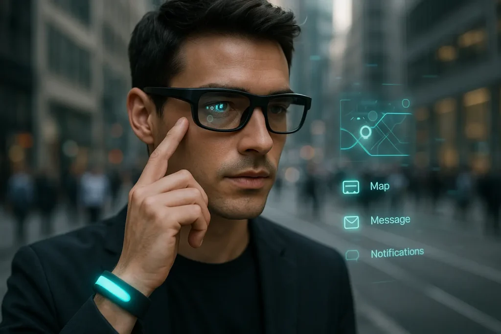 “Futuristic Meta Hypernova smart glasses with a heads-up display and wristband that detects finger movements, allowing discreet control in a city environment.”