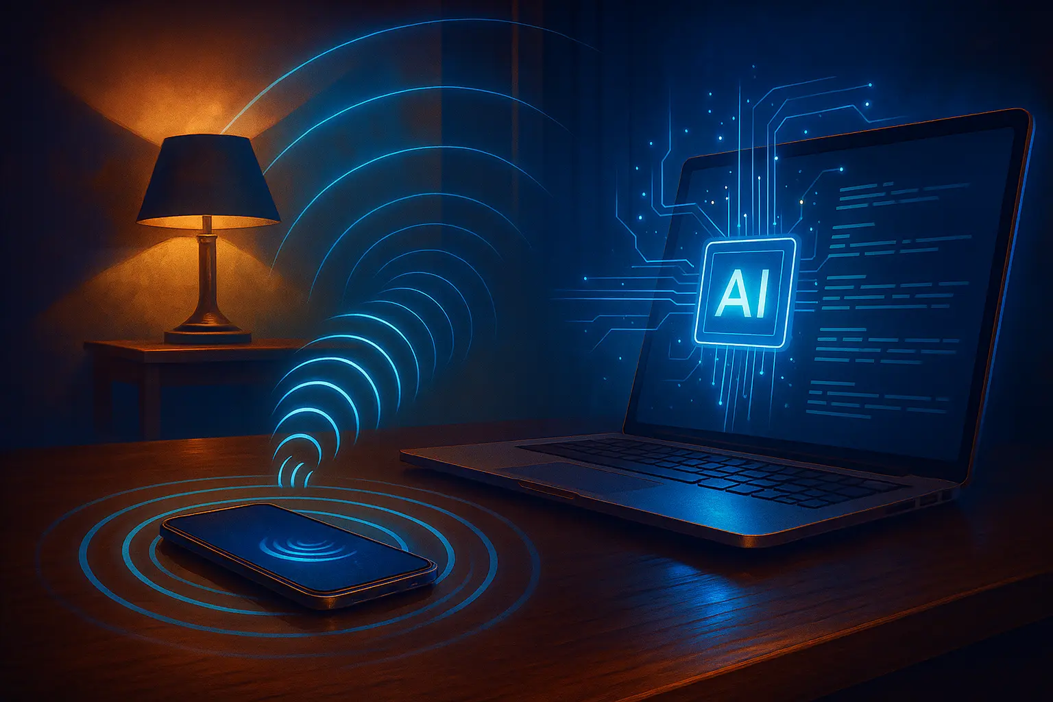 “Smartphone on a desk with radar waves bouncing off its speaker, intercepted by a hidden sensor and turned into text on a computer screen, symbolising AI-powered eavesdropping.”
