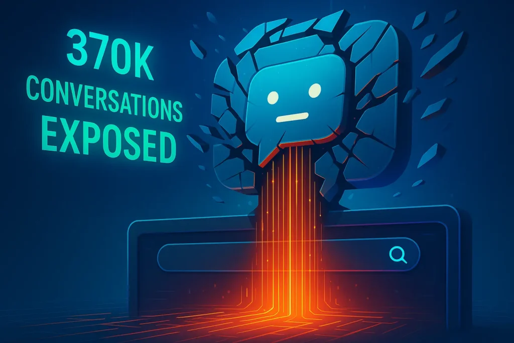 Illustration of Grok chatbot data leak exposing private conversations indexed on search engines.