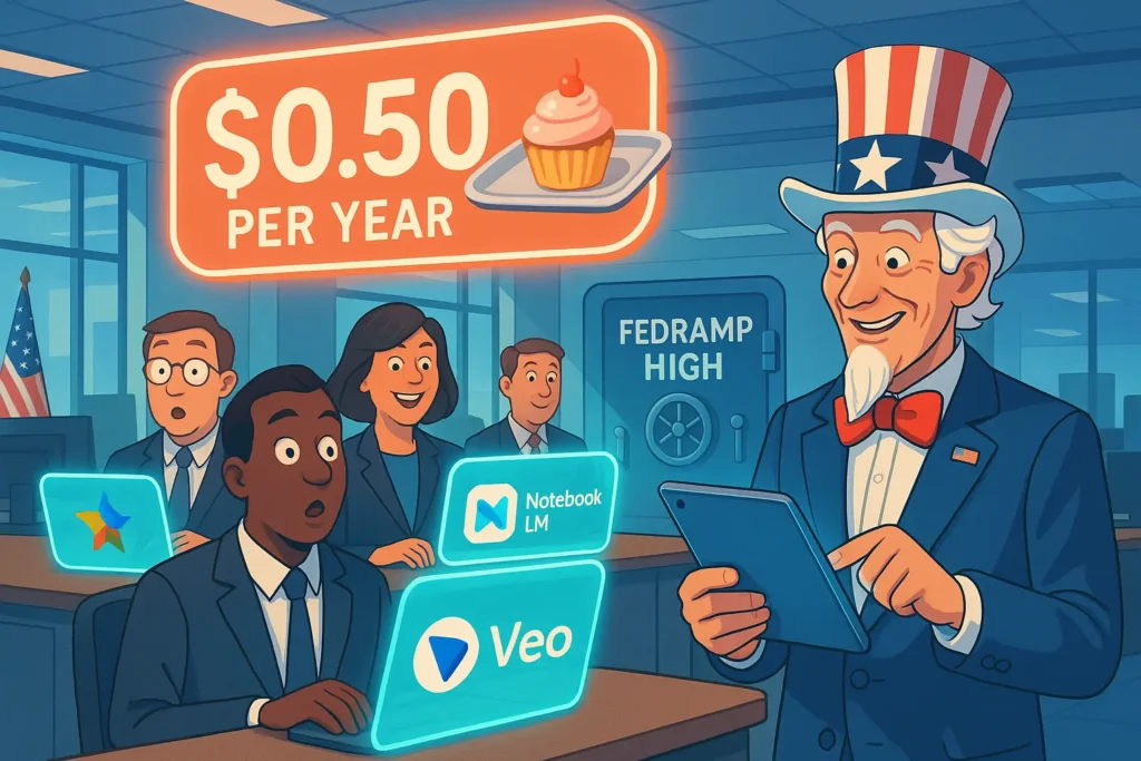 “Uncle Sam and federal employees using Google Gemini AI tools in a futuristic office with a $0.50 price tag and secure FedRAMP High vault.”
