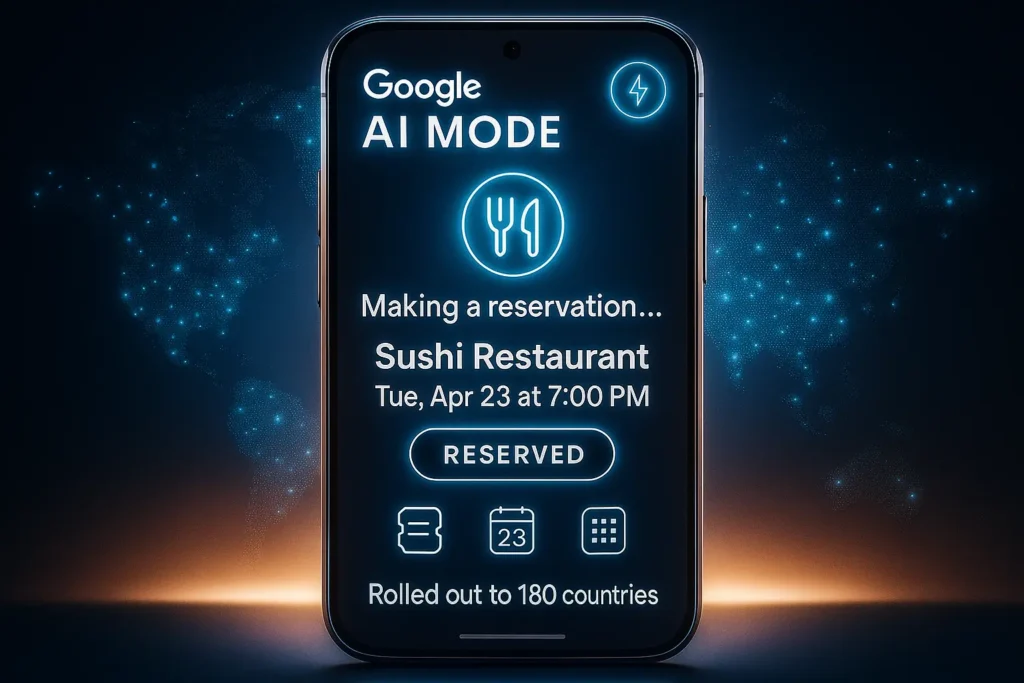 Illustration of Google AI Mode booking a restaurant reservation via search with global rollout.
