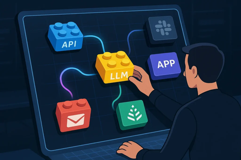 Illustration of Sim Studio’s drag-and-drop AI workflow builder connecting apps and language models.
