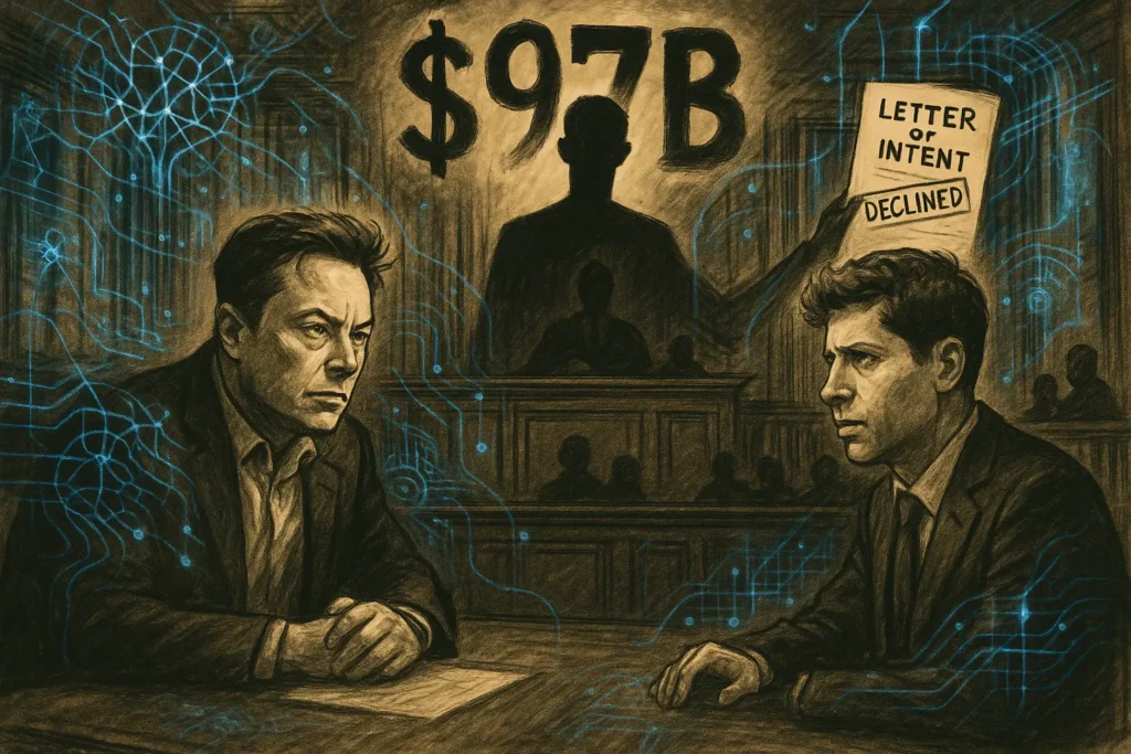 Conceptual illustration of Elon Musk’s attempted $97.4B OpenAI takeover involving Mark Zuckerberg.