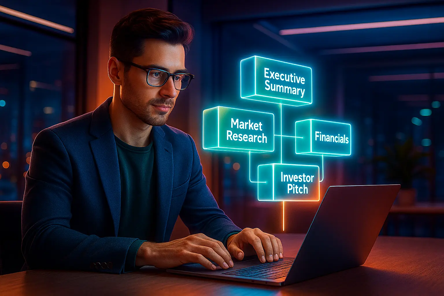 Startup founder creating a business plan with ChatGPT prompts and AI-powered holographic blocks.