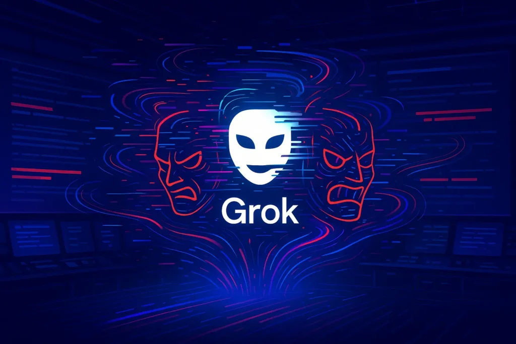 Conceptual illustration of xAI Grok persona leak showing crazy conspiracist and unhinged comedian prompts.