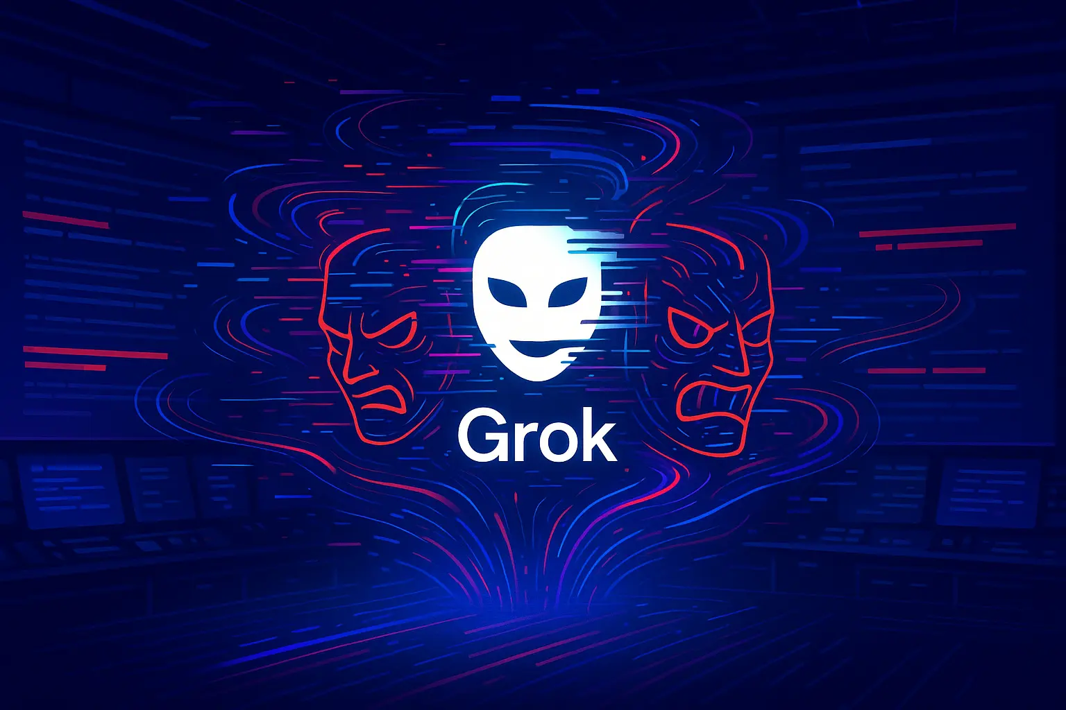 Conceptual illustration of xAI Grok persona leak showing crazy conspiracist and unhinged comedian prompts.