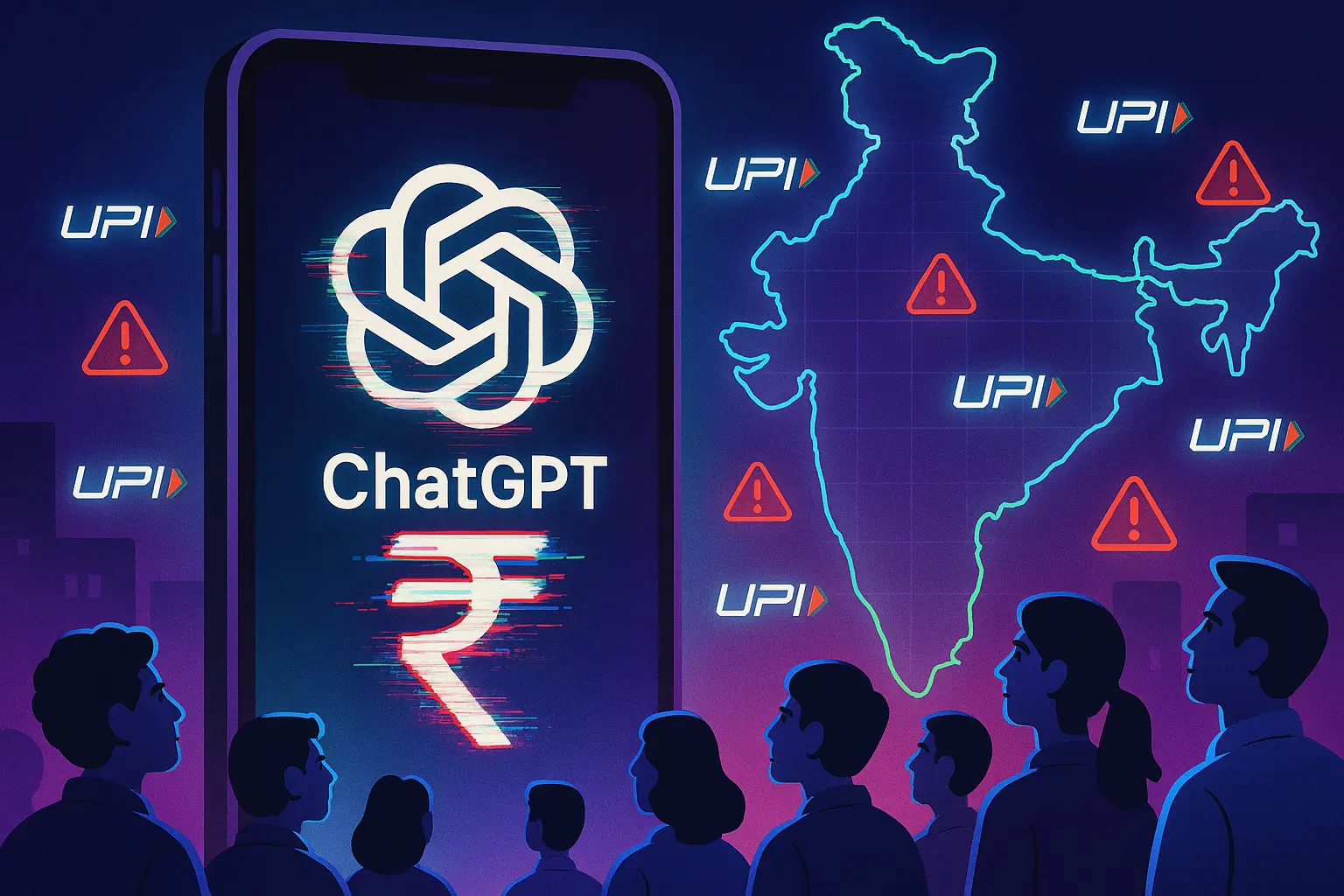 Illustration of ChatGPT Go India launch showing ₹399 plan with UPI payment failures.
