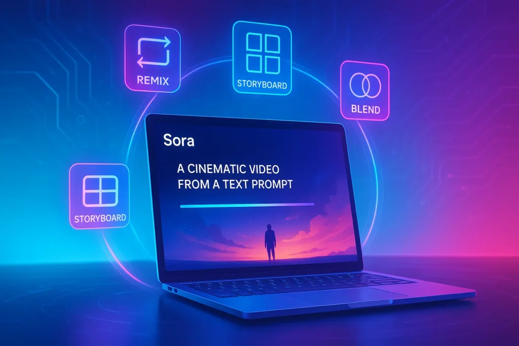 OpenAI’s Sora AI generating cinematic video from text prompts with editing features.