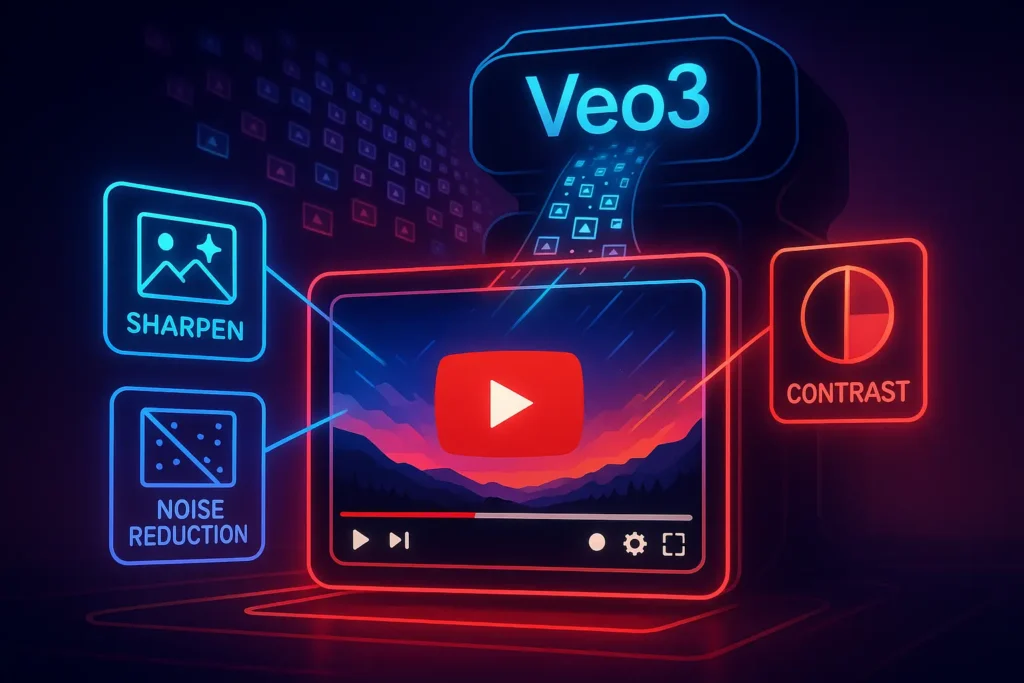 Futuristic illustration of YouTube videos being altered by AI to train Google’s Veo3 model.