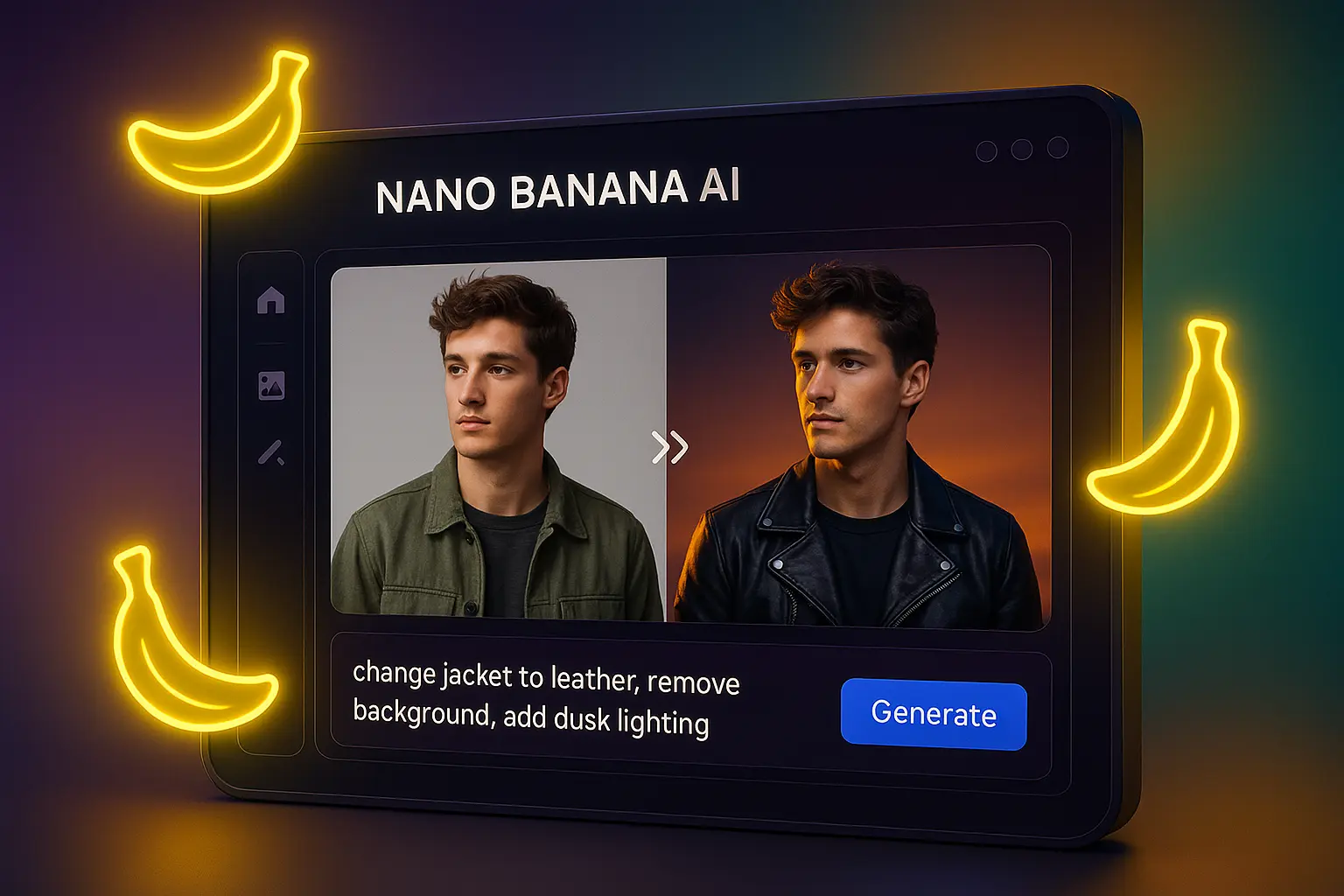Futuristic illustration of Nano Banana AI image editor performing natural-language edits with vibrant colors.