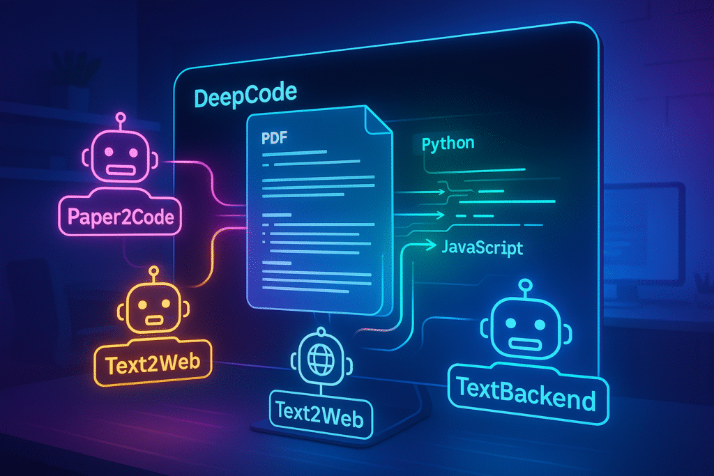Illustration of DeepCode multi-agent platform converting research papers into code with AI agents.