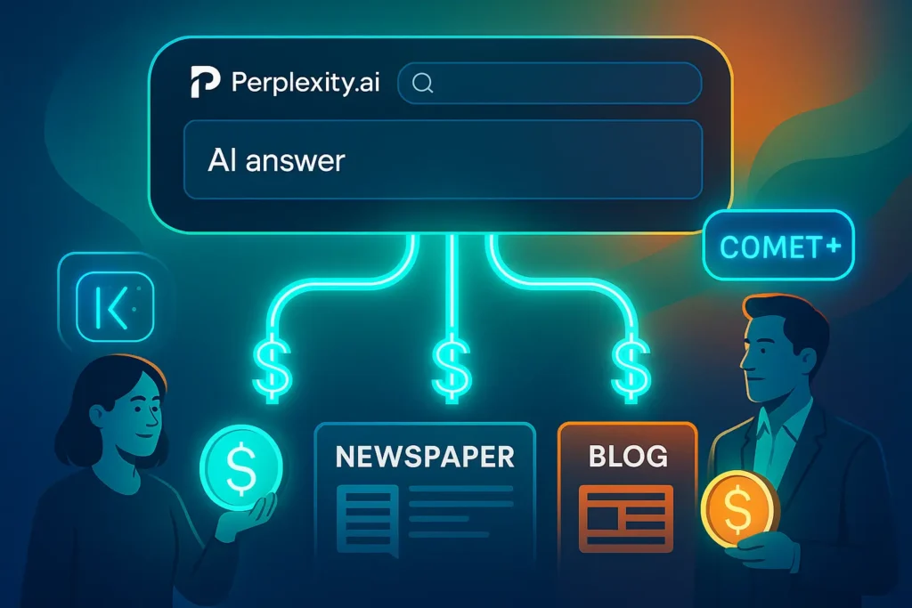 Illustration of Perplexity AI revenue-sharing plan paying publishers for content used in AI answers.