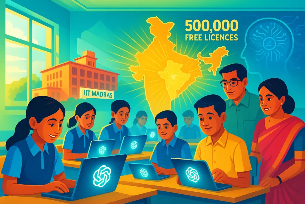 Illustration of OpenAI offering 500,000 free ChatGPT licences to students and teachers in India.